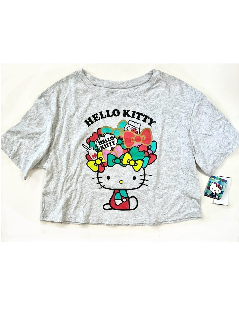 Women Junior's Light Gray Hello Kitty Sanrio Cute Crop Bows Top T-Shirt